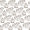 Vintage clock and glasses with chain, monochrome seamless pattern
