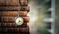 Vintage clock hanging on a chain on the background of old books. Old watch as a symbol of passing time. Concept on the theme of Royalty Free Stock Photo