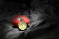 Vintage clock and red heart on black background ,Love and time concept in still life photography.