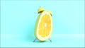 A vintage clock shaped lemon is waking up and stretching. Loop video. 3D rendering.