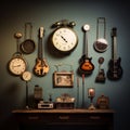 Vintage clocks with retro aesthetic and musical elements Royalty Free Stock Photo