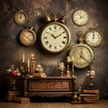 Vintage clocks with retro aesthetic and musical elements Royalty Free Stock Photo