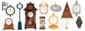 Vintage clocks set, antique collection with pocket watch and cuckoo clock, hourglass