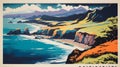 Vintage Coastline Postcard With Vibrant Color Fields For Haleakala National Park