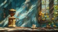 Vintage coffee grinder and cup in rustic setting - generative ai