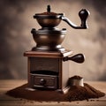 A vintage coffee grinder with a pile of freshly ground coffee beans1