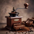 A vintage coffee grinder with a pile of freshly ground coffee beans2