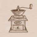 Vintage coffee grinder, vintage engraved illustration. Hand drawn engraving style vector coffee mill isolated on grunge background Royalty Free Stock Photo