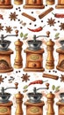 Vintage Coffee Grinders and Spices Pattern Royalty Free Stock Photo