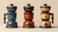 Vintage coffee grinders in various colors - generative ai Royalty Free Stock Photo