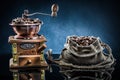 Vintage coffee mill and sack with beans on black table Royalty Free Stock Photo