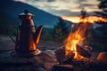 Vintage coffee pot on camping fire. Evening atmospheric background of campfire. Generative AI