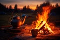 Vintage coffee pot on camping fire. Evening atmospheric background of campfire. Generative AI