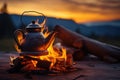 Vintage coffee pot on camping fire. Evening atmospheric background of campfire. Generative AI