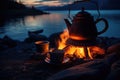 Vintage coffee pot on camping fire. Evening atmospheric background of campfire. Generative AI