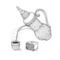 Vintage coffeepot poured coffee into figured cup with flavored vapor. Vector sketch drawing hot drink and oriental