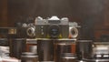 Vintage collection of old vintage cameras and lenses. Plunge into the atmosphere of professional photography of the last Royalty Free Stock Photo