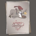 Vintage color A4 format Christmas card with cardinal bird on mailbox, pine branch and holiday brush lettering