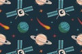 Vintage color space pattern on dark background with satellite, planets, comets and stars. Flat cartoon vector Royalty Free Stock Photo