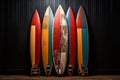 Vintage color surfboards on dark background, style 1960s California beach culture.