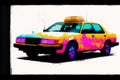 Vintage color taxi car on grunge background. Watercolor paint. Digital art, Generative AI Royalty Free Stock Photo