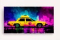 Vintage color taxi car on grunge background. Watercolor paint. Digital art, Generative AI Royalty Free Stock Photo