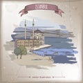 Vintage color travel illustration with Ortakoy Mosque and bridge over Bosphorus in Istanbul, Turkey. Hand drawn sketch. Royalty Free Stock Photo