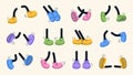 Vintage colored retro feet and boot vector collection. Comic retro feet in different poses, leg standing, walking