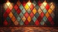 Vintage Colorful Diamond Pattern Wall with Wooden Floor and Dramatic Lighting Effects Royalty Free Stock Photo