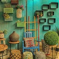 Vintage colorful furniture and other staff at shop at Jaffa flea