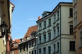 Vintage colorful houses on Jauniela street in Riga old town under blue sky Royalty Free Stock Photo