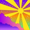 Vintage colorful psychedelic landscape with sun and clouds, stars. Vector cartoon vivid gradient background.