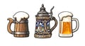 Vintage colorful set of beer mugs. Old wooden mug. Traditional German stein. Glass mug with foam. Vector illustration. Royalty Free Stock Photo