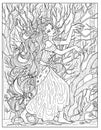 Vintage coloring page with beautiful vampire princess and gloomy autumn forest