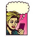 Vintage comic book style woman with smartphone thinking pop art illustration