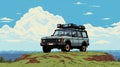 Vintage Comic Style Land Rover Parked On Mountain Top