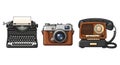 Vintage Communication Tools: Typewriter, Camera, and Radio-Telephone on White Backdrop Royalty Free Stock Photo