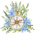 Vintage Compass with blue Flowers. Hand drawn watercolor illustration of navigation old retro equipment with wild forest Royalty Free Stock Photo