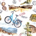 Vintage compass, bycicle, postal marks, mountains. Travel concept. Seamless background. Watercolor Royalty Free Stock Photo