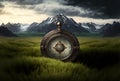 Vintage compass close-up in mountains on green grass, travel background. Generative AI