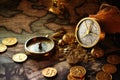 Vintage compass and coins on the old map. Travel concept, AI Generated Royalty Free Stock Photo