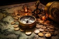 Vintage compass and coins on old map. Treasure concept. Selective focus, Old compass, telescope, and coins on an antique world map Royalty Free Stock Photo