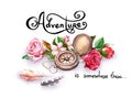 Vintage compass, flowers, feathers with note Adventure . Travel concept. Watercolor Royalty Free Stock Photo