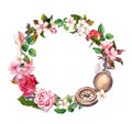 Vintage compass, flowers, feathers. Travel concept wreath. Watercolor circle frame