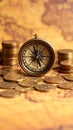 Vintage Compass and Gold Coins on Antique Map for Financial Navigation Royalty Free Stock Photo