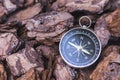 Vintage compass lying on the bark of a tree.