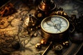 vintage compass with map, An old compass, telescope, and coins on an antique world map, AI Generated Royalty Free Stock Photo