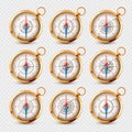 Vintage compass, marine wind rose with cardinal directions of North, East, South, West. Realistic golden navigational Royalty Free Stock Photo