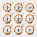 Vintage compass, marine wind rose with cardinal directions of North, East, South, West. Realistic golden navigational Royalty Free Stock Photo