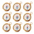 Vintage compass, marine wind rose with cardinal directions of North, East, South, West. Realistic golden navigational Royalty Free Stock Photo